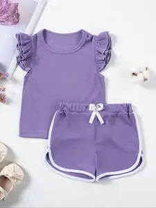 Two-Piece Set Toddler Girl's Solid Ruffle Trim Tee & Shorts, Casual Round Neck Short Sleeve T-shirt & Shorts Outfit for Summer, Kids Clothes for Daily Wear