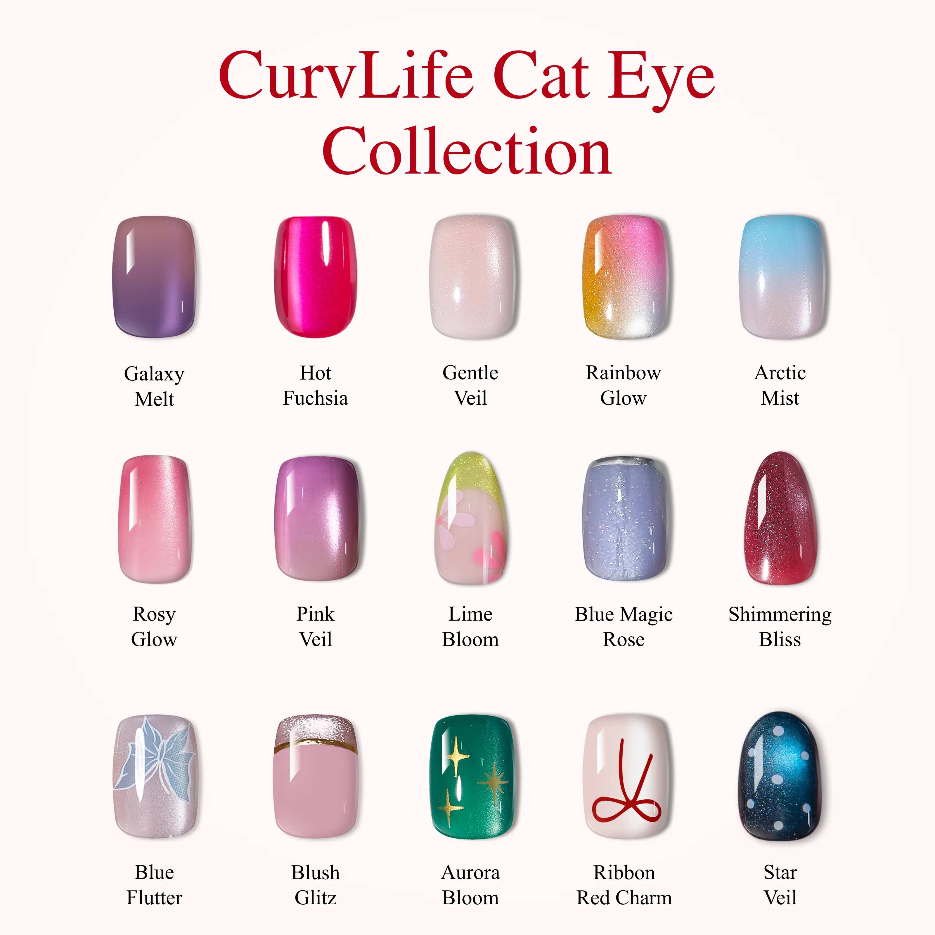CurvLife Cat Eye Press-On Nails Collection | 30 Pcs | Magnetic Glow Styles, Glossy Salon-Quality Finish, Summervibes | Reusable Easy-Apply Nails for Trendy Everyday Looks