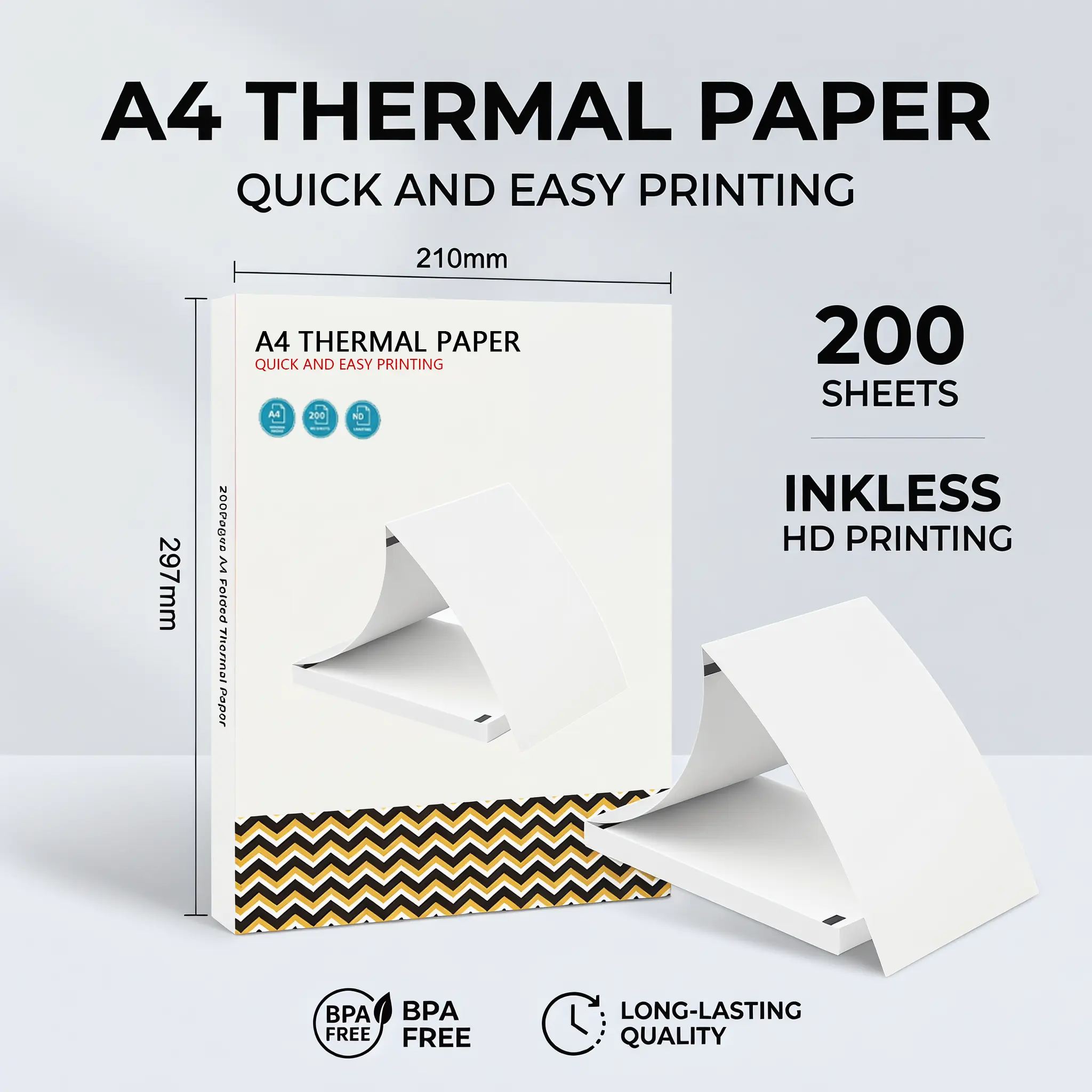 Folded Receipt Paper, A4 Paper (210mmx297mm/8.3 inches), Bisphenol A (BPA)-Free, 200 Quick-Dry Sheets, Compatible with Portable Printers for Office Stationery Needs