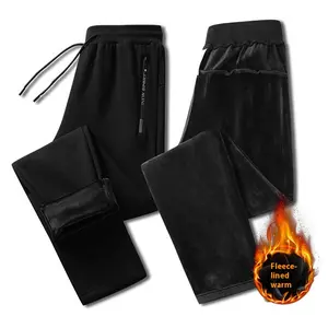 Men's fleece-lined sweatpants with zippered pockets, warm winter joggers