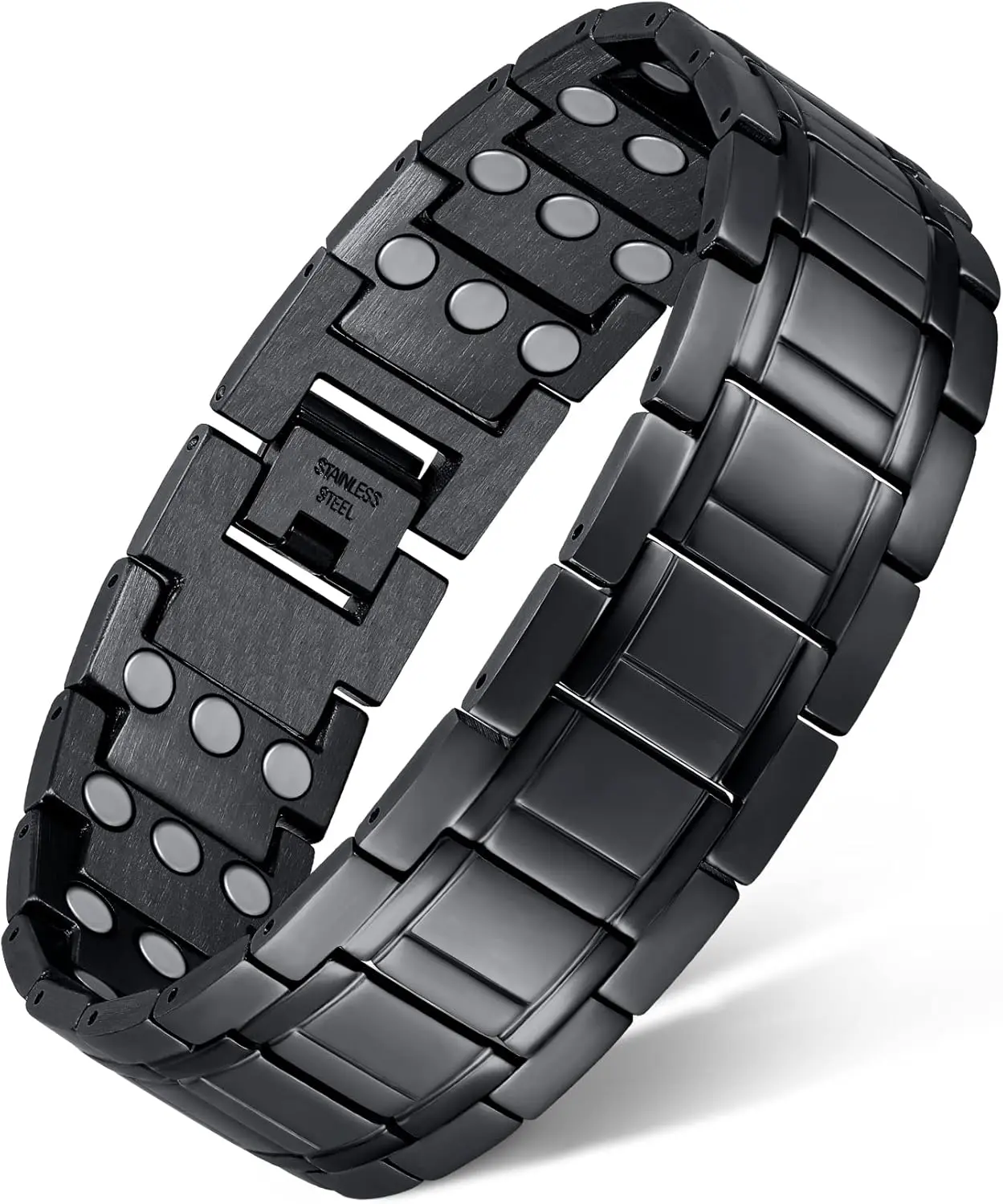 Strength Magnetic Bracelet & Ring Set - Black Stainless Steel Adjustable Wristband Bracelets & Bangles, Stackable Design, Sizing Tool Included, Comfortable Fit, Trendy Casual Costume Jewelry Accessories, Stackable Bracelets