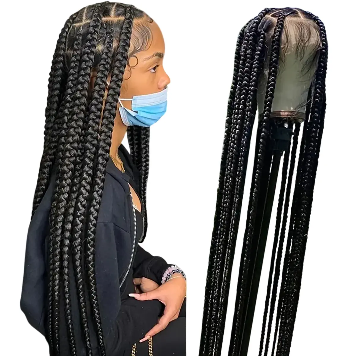 Synthetic Large Box Braided Wigs Jumbo Knotless Full Lace Front Wigs For Black Women Jumbo Tribal Braids Faux Locs Cornrows Wig Lace Braiding Wig Lace Dreadlock Wig