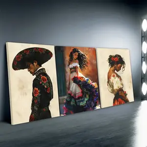 3pcs Set Wooden Frame Mexican Art Prints, Vibrant Print, Vintage Wall Art, Mariachi Southwestern Modern Canvas Painting, Home Decoration