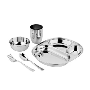 Ahimsa Stainless Steel Dinnerware Set for Kids and Toddlers - 5 Piece Toddler Plates and Bowls Set with Kids Utensils and Cup, Pediatrician Designed, Non Toxic, Dishwasher Safe (Classic)