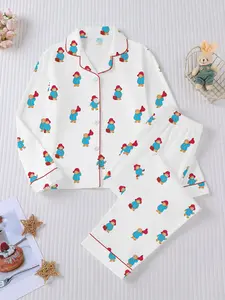 2-piece doll bear print children's outerwear sleepwear set, flame retardant long sleeved lapel cardigan top and loose elastic pants, children's sleepwear and home clothing set, Cartoon Print Pajama, Collared Pajama Set