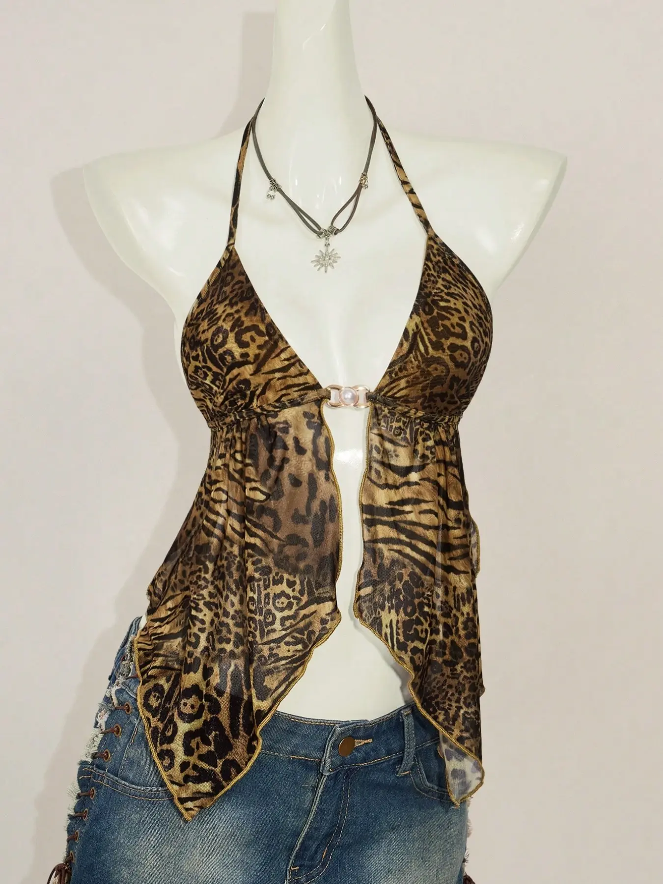Summer Sexy Backless Fitted Halter Neck Top, Vintage Leopard Print Sheer Mesh Sleeveless Top for Beach Vacation, Women's Casual Beach Wear