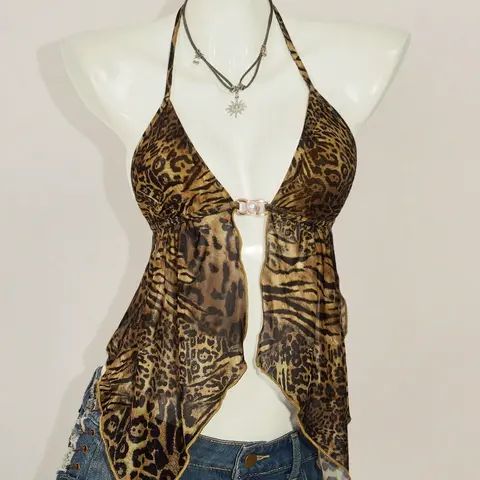 Summer Sexy Backless Fitted Halter Neck Top, Vintage Leopard Print Sheer Mesh Sleeveless Top for Beach Vacation, Women's Casual Beach Wear