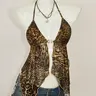 Summer Sexy Backless Fitted Halter Neck Top, Vintage Leopard Print Sheer Mesh Sleeveless Top for Beach Vacation, Women's Casual Beach Wear