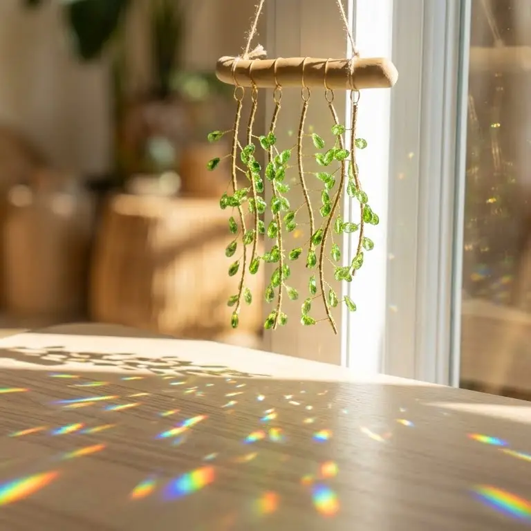 Handmade Green Willow Crystal Wooden Ornament - Decorative Woody Hanging Sculpture with Real Wood, Crystal Beads, Faux Ivy, Rainbow Light Catcher, Indoor Home Decor, Garden Statue, Mother's Day Gift