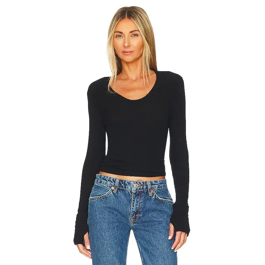Enza Costa Cashmere Easy Cuffed U Top in Black