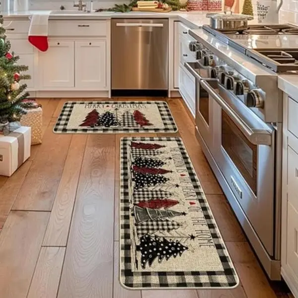 2 pcs/set Christmas tree kitchen floor mat, Christmas Kitchen Rug, Non Slip Kitchen Mat, Christmas carpet size 16x24' & 16x47'