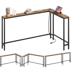 [Mother's Day Gift]YATINEY Narrow Console Table with Outlets, 78.7" Sofa Table Narrow Long, L Shaped Behind Couch Entryway Table with Charging Station, for Living Room, Hallway, 3 Assembly Options, Rustic Brown