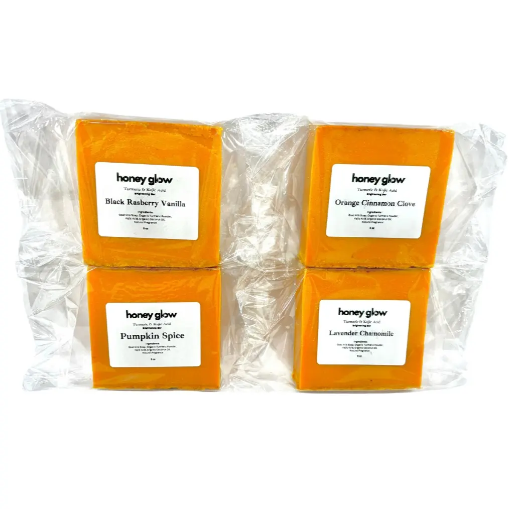 Honey Glow 4-Pack (NEW SCENTS) Turmeric & Kojic Soap: Black Raspberry Vanilla, Pumpkin Spice, Orange Cinnamon Clove, Lavender Sage Organic Ingredients Skin Brightening