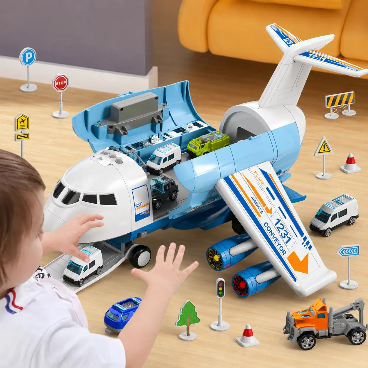 Electric Cartoon Model Plane Toy Set - BPA Free, Anti-Collision Design, 360° Rotation, Built-In Storage, 10 Cute Mini Cars, Lightweight Unisex Children Development City Simulation Science Learning Toy for 3-4 Years Old Toddlers, Cartoon Airplane Toy Set