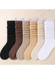 Classic Slouchy Cotton Crew Socks, 6 Pack, Multi-Color Set, Black Brown Beige White, All-Season Comfort sport retro slouch Adorable Breathable Ankle neutral cosy