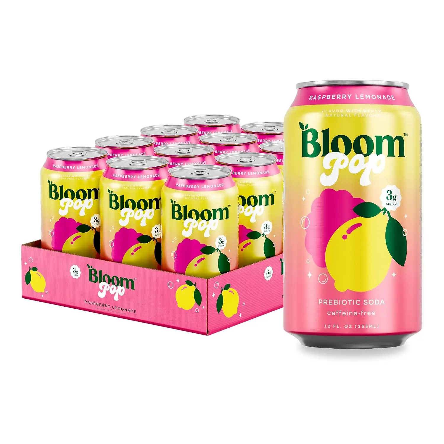 Bloom Pop Prebiotic Soda 12 Pack Raspberry Lemonade, 12oz Cans, Low Calorie Prebiotic Soft Drink, No Caffeine, Fizzy Soda Alternative with Prebiotics for Digestive Wellness & Everyday Refreshment