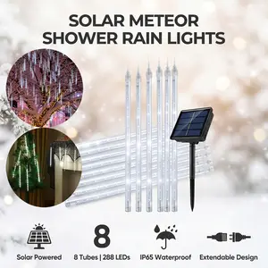 Solar Meteor Shower Rain Lights, 30cm 8 Tubes 288 LED Waterproof Cascading Icicle String Lights, room decorations