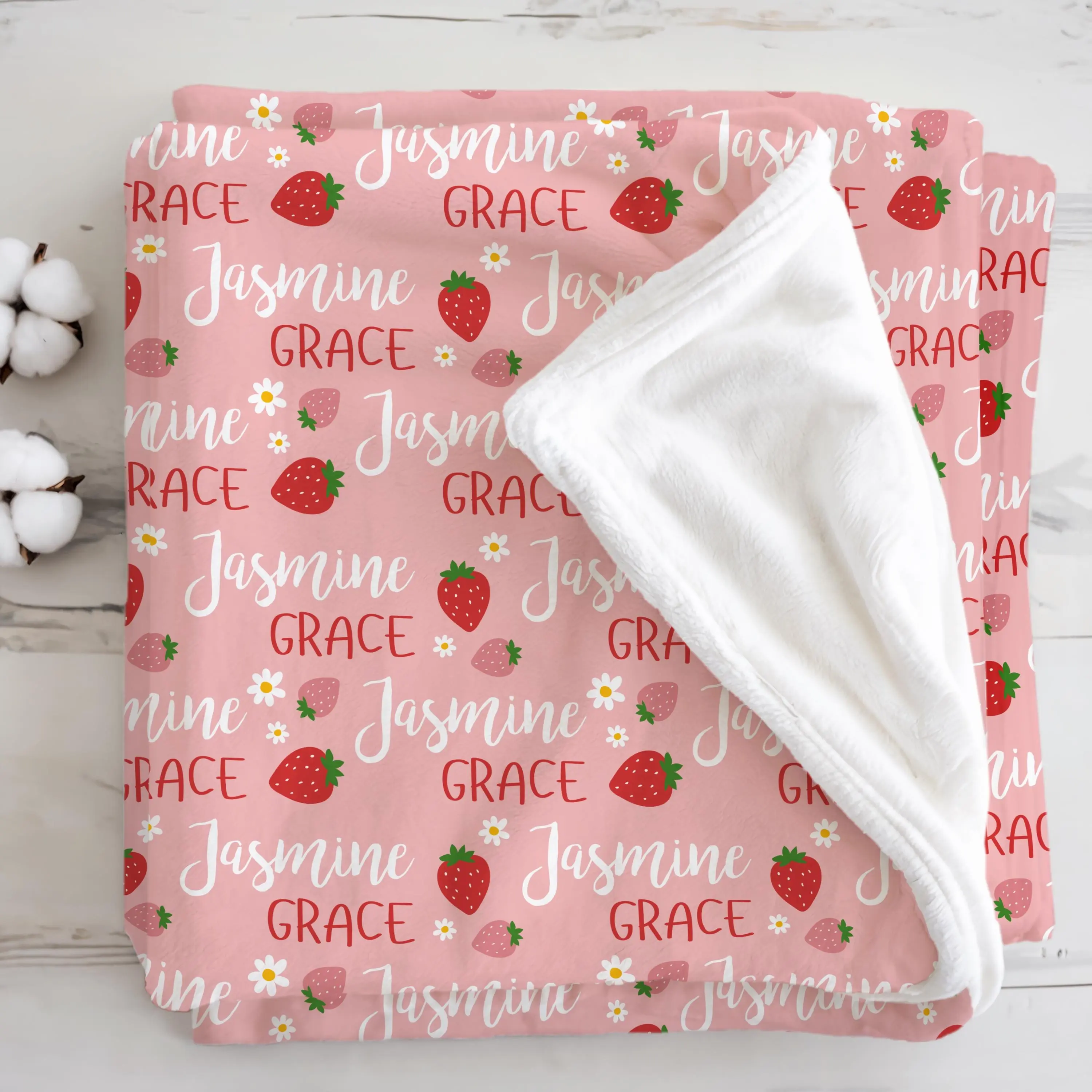 Personalized Strawberry Blanket Custom Baby Name Pink Girl Nursery Decor Gift