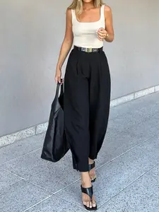 Women Solid Black High Waist Wide Leg Pants Pleated Loose Trousers Elegant Minimalist Office Pants Flowy Straight Leg Tailored Slacks Casual Workwear Business Chic Commuter Streetwear Versatile Long Pants for Spring Summer Fall