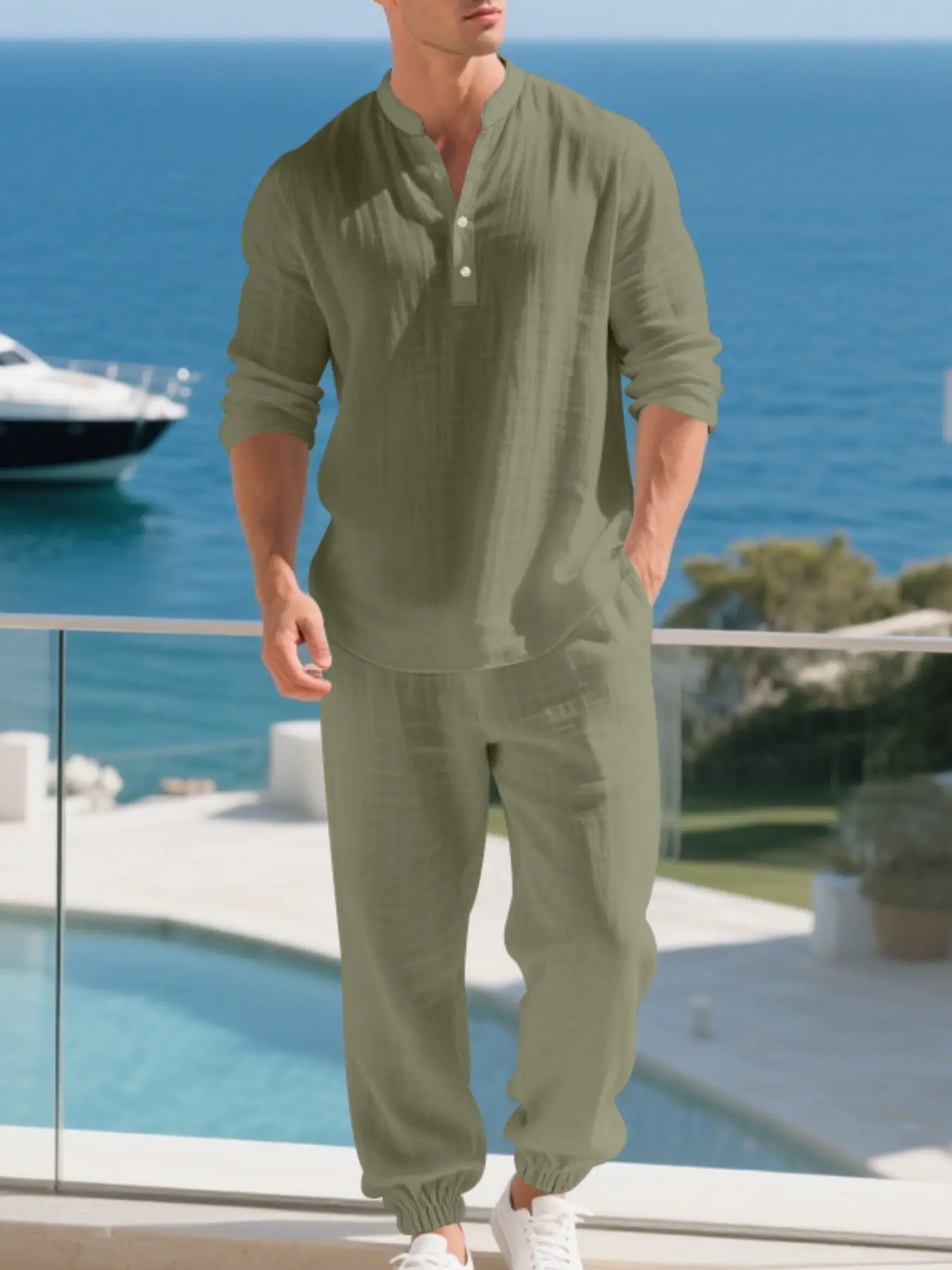 Men's Autumn Solid Color Linen Fabric Henley Shirt Pants Set, Button Half Open Elastic Waist Cuffed Design, Casual Wardrobe Essential