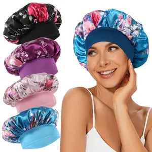4 count Satin Bonnet Silk Bonnet, Hair Bonnet for Sleeping, Elastic Wide Band Sleep Cap, Soft and Breathable Silk Hair Wrap for Sleeping (Black Purple  Blue)