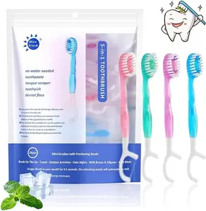 26Pcs Mini Disposable Toothbrushes 5-in-1 Tool(Paste + Brush + Floss + Pick +Tongue Odor Remove)Individually Wrapped Disponsable Prepasted Travel & Dating & Business Toothbrush Set
