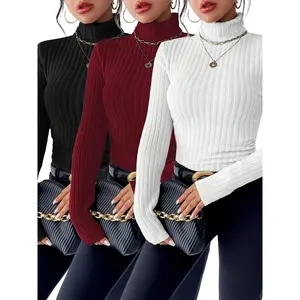 3-Pack Women's Ribbed Turtleneck Long Sleeve T-Shirts Casual Solid Color Knit Fabric Tops Polyester 95% Elastane 5% Regular Length High Neck for Fall/Winter Basic Minimalist Red