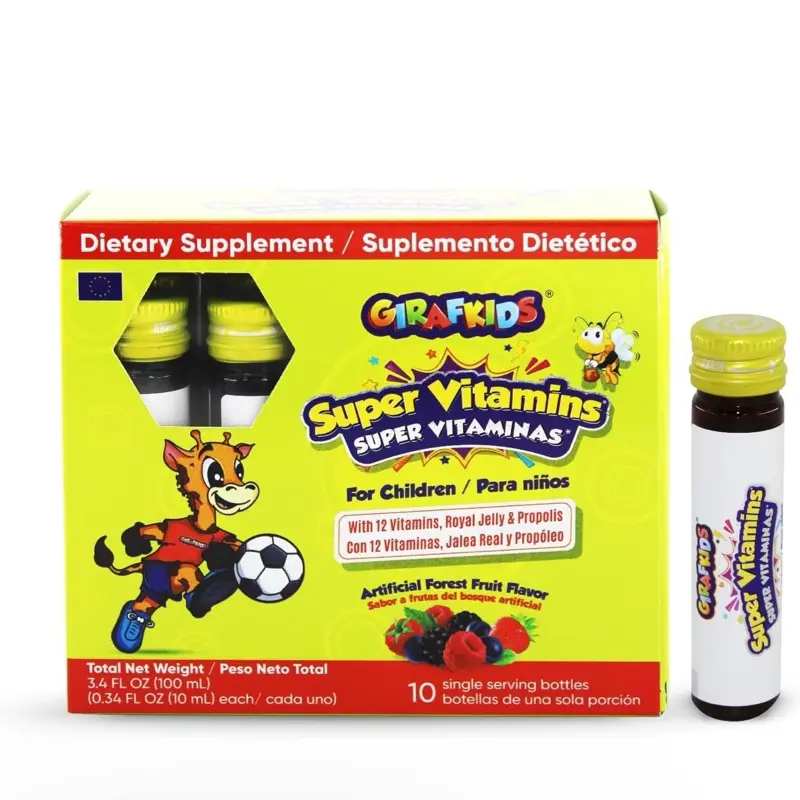 GirafKids Super Vitaminas, 10 botellas de porción multivitaminas líquidas para apoyo inmunológico y energía con 12 vitaminas Supplement Healthcare Fitness