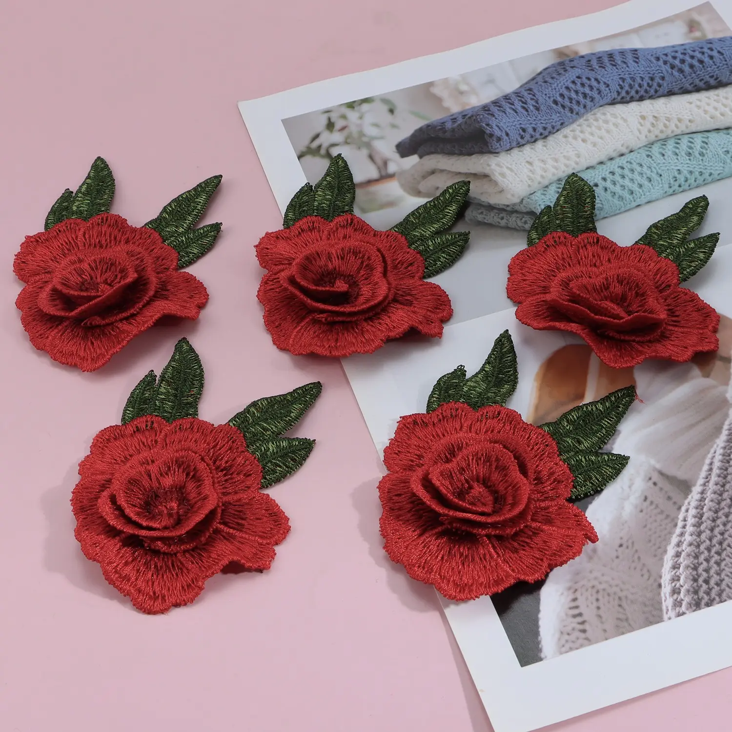 5pcs 3D Rose Floral Embroidery Design Embroidered Fabric Patches, Floral Appliques, Sewing Accessories, Iron-On Sewable for DIY Crafts, Clothing Embellishments, Washable Backpack Patches