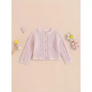 Toddler Baby Girls' Soft Stretchy Cardigan Sweater - Long Sleeve Round Neck Button-Front Closure, Lightweight Spring/Summer Casual Outwear, Solid Color Easy-Care Sweater for Everyday & Special Occasions, Baby Girl Sweater, Spring Summer Wear, Round Neckli