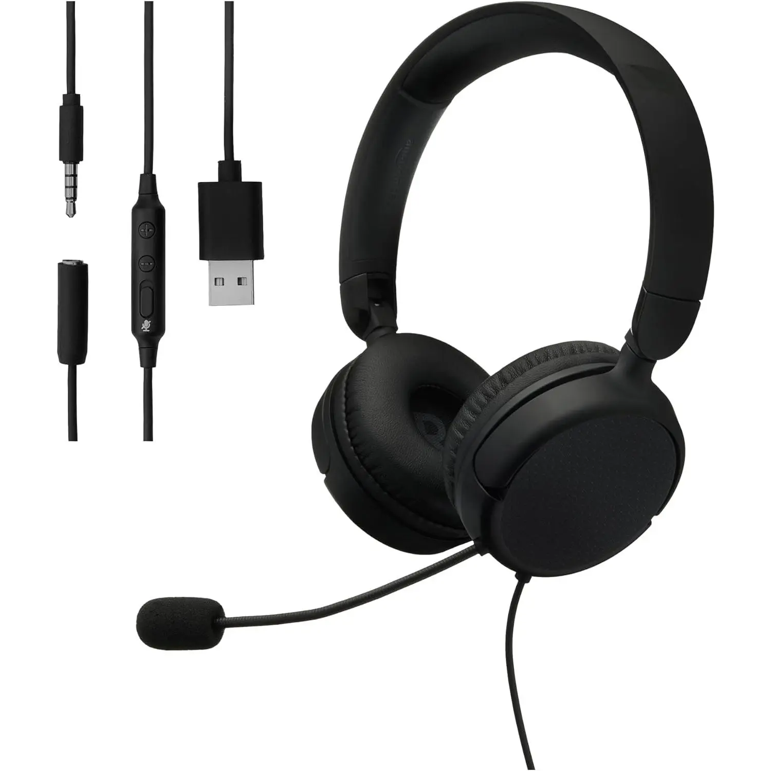 Black On-Ear Wired Computer Headset with Adjustable Microphone, 3.5mm Plug, USB-A Port In-Line Control, Foldable Audio Device with Adapter Cable, One Size, Headphone