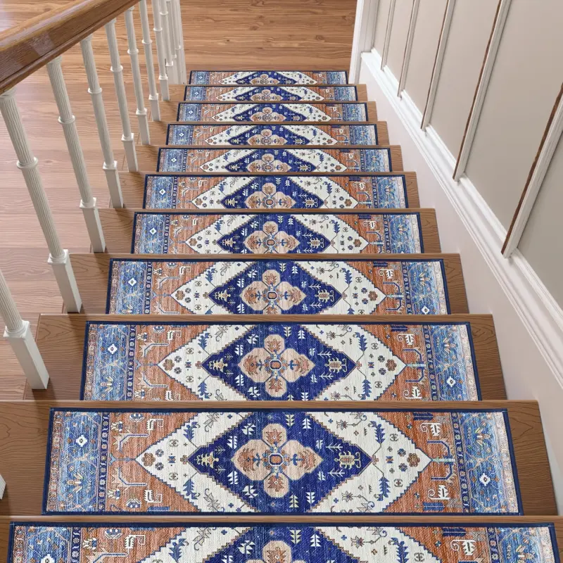 15pcs Non-Slip Stair Mats Set - Machine Washable, NO adhesive glue on the back ,Oriental Design for Indoor Wooden Steps, 30x8 Inches - Ideal for Elderly & Dogs, Stair Pedal Set