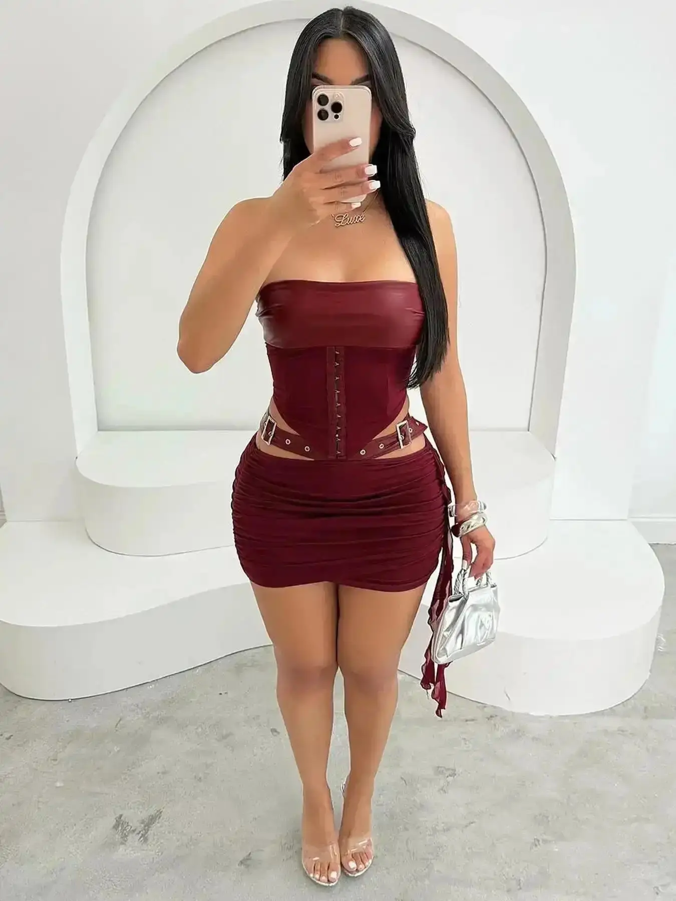 Women's Sexy Street Style Two-Piece Set, PU Leather & Mesh Bandeau Asymmetrical Crop Tube Top. Hollow-Out Buckle Side-Draped Bodycon Mini Skirt for Club and Rave Outfits., Comfy, Curve Hugging, Elevated Basics