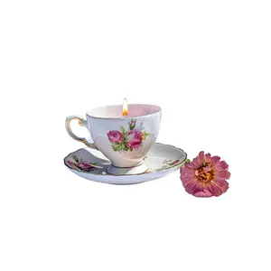 Pink Bone China Tea Cup Candle w/ Saucer