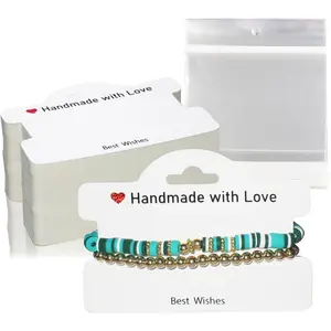 104 Set Bracelet Packaging for Small Business, Display Cards with Clear Bags, Handmade with Love Hanging Jewelry Cards, Tags, Business Supplies for Selling Necklace, Earrings (White)