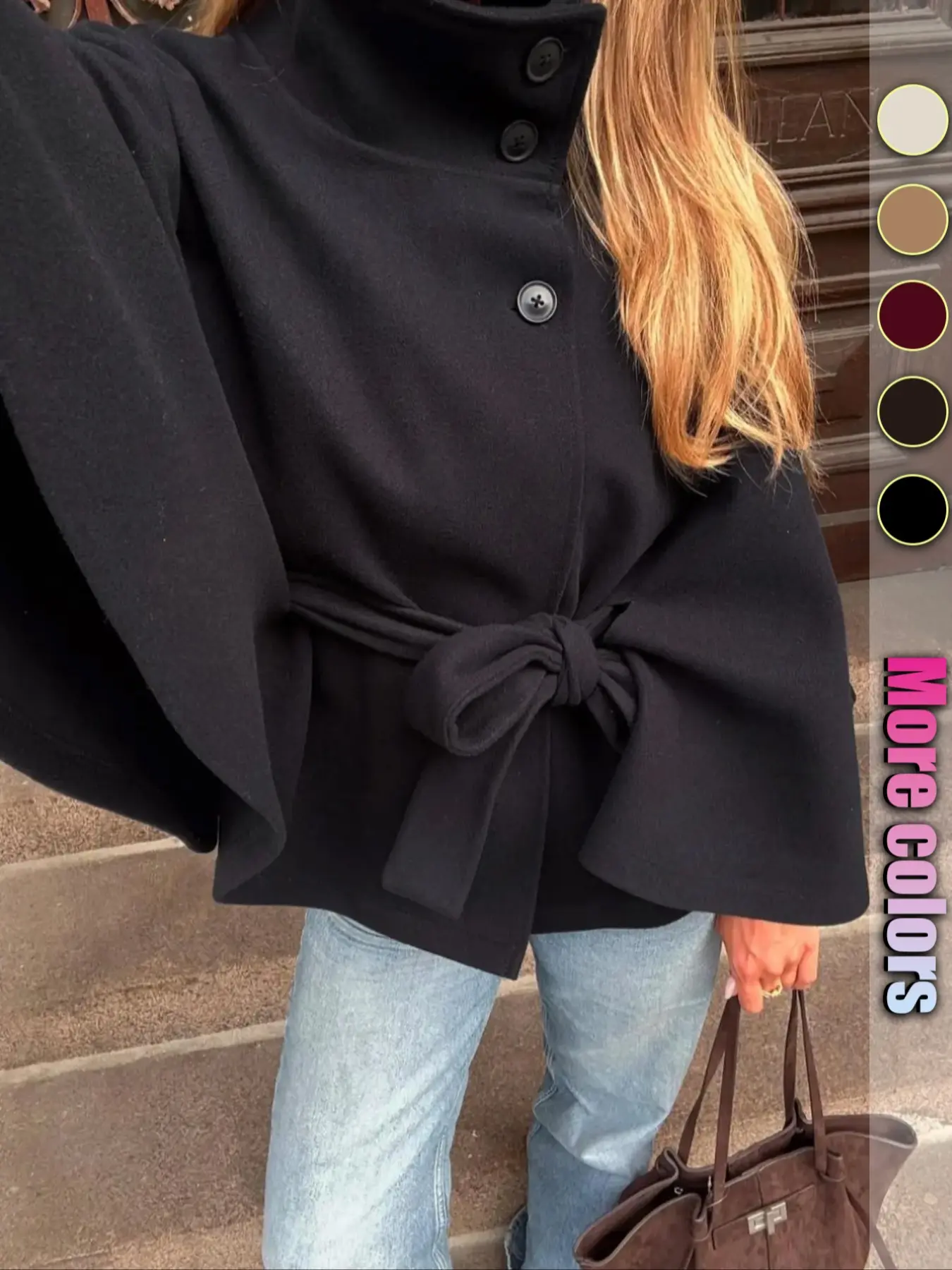 Women's Multiple Buttons Belted Loose Woven Coat, Sleeve, Basic Casual Pullover Jacket, Warm Fall & Winter Outerwear, Ladies Fashion Clothing