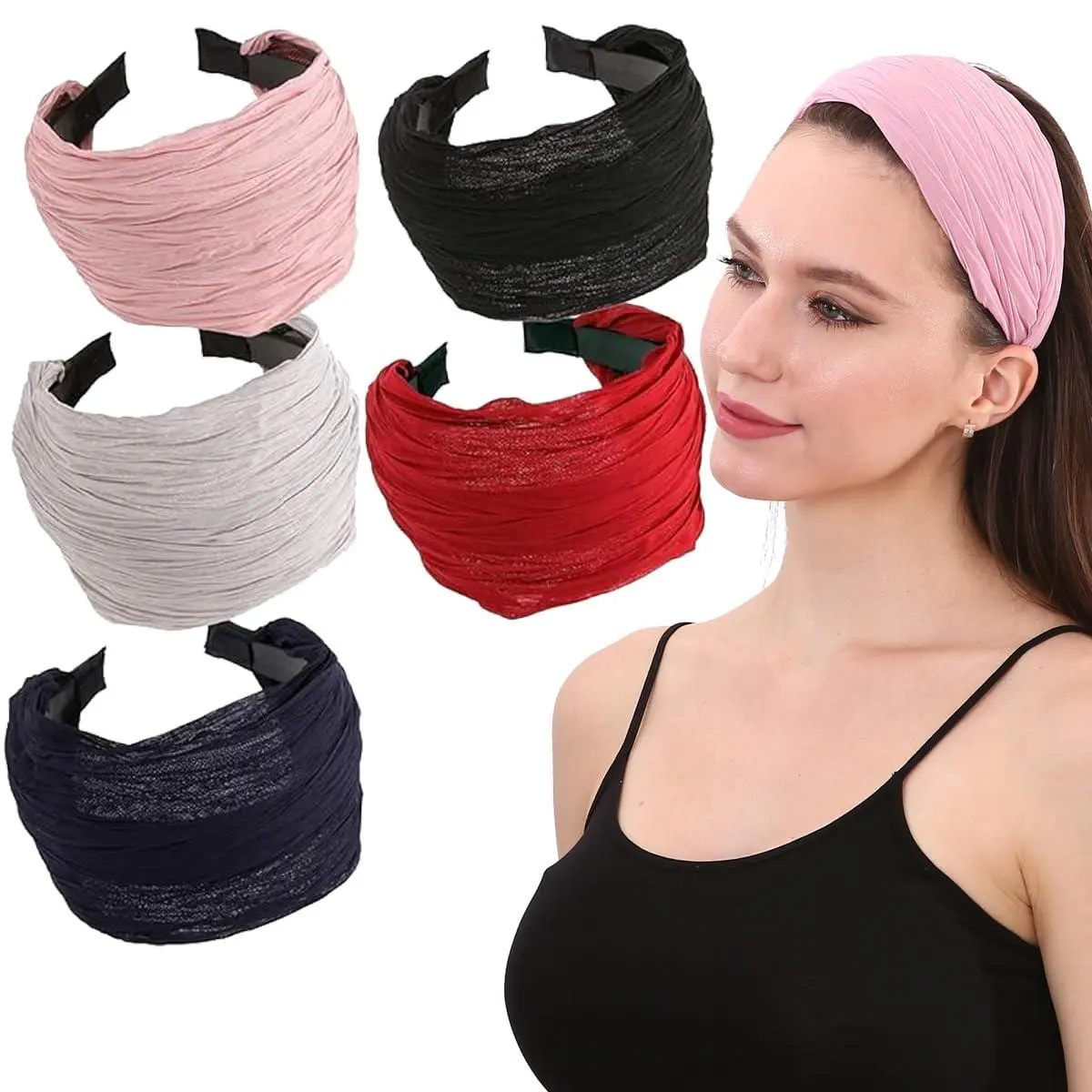 5 PCS Wide Hard Headband with Teeth for Women, Girls’s Hair Band Pleated Cloth Fabric Hair Hoop Accessories