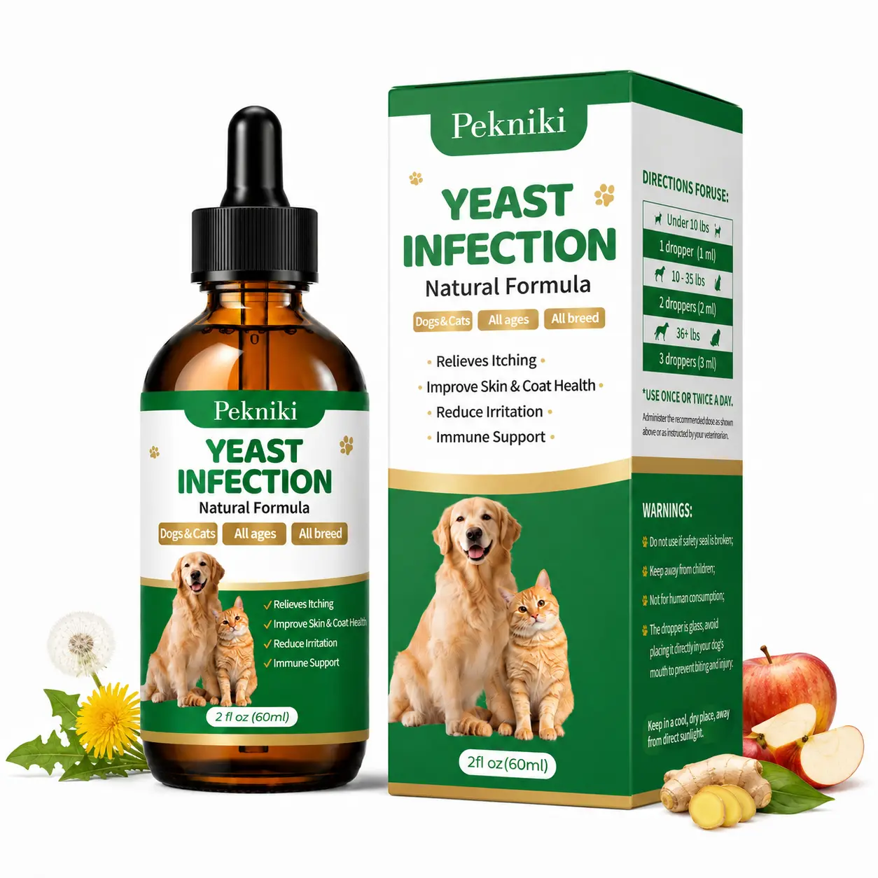 Pekniki Dog & Cat Ear & Skin Relief Liquid Drops - Natural Herbal Remedy, Yeast Infection Treatment, Reduces Irritation, Supports Healthy Pet Ear & Skin Care Solution