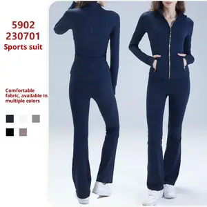 Women Solid Color Long Sleeve Zip-Up Jacket and Flared Pants Sports Suit Slim Fit Sports Jacket Yoga Set Two-Piece Set High-End Yoga Wear Women New Pilates Set