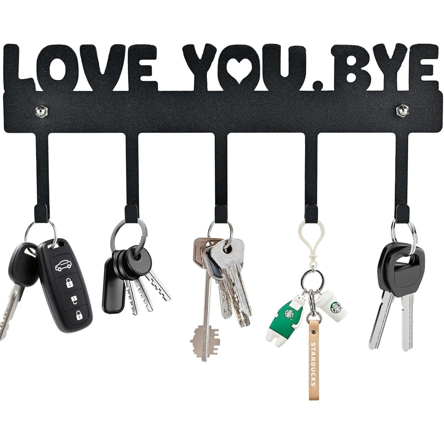 Key Holder Wall Mount - 'Love You.Bye' Entryway Organizer with 5 Hooks,Black Metal Key Hanger (10x4 Inch) - No Drill Adhesive or Screws for Easy Installation