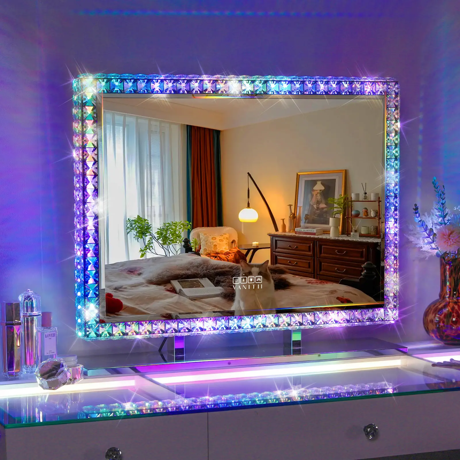 VANITII GLOBAL Vanity Makeup Mirror with Adjustable RGB Lights, 32" x 24" LED Tabletop Mirror with Bluetooth Speaker, Smart Touch & USB Port, Adjustable Led Mirror, Led Lighted Mirror