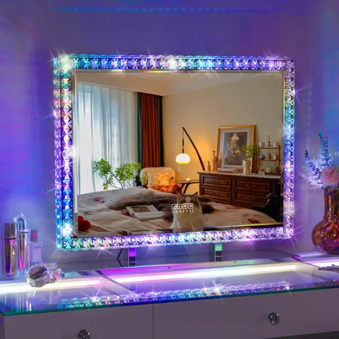 VANITII GLOBAL 32"x24" Tabletop Vanity Mirror with Lights - Handheld Interior Lighted LED Backlit Adjustable Brightness Mirror, Smart Touch, Bluetooth Speaker Ready