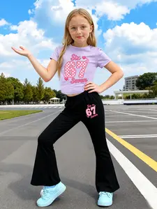 Boy And Girl Six Seven 67 Check Print, Summer Set - T-Shirt With Round Neck And Short Sleeve + Flared Pants - Sweet And Cool Casual Two-Piece Set. Comfortable For Daily Use And Outdoor Activities, Ideal Gift Choice.