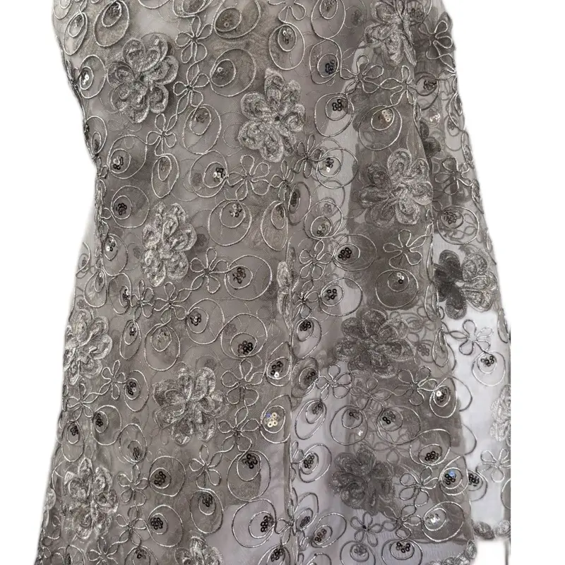 Silver Embroidered Tulle Fabric