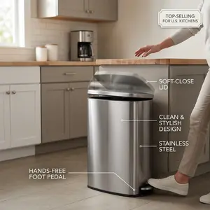 Garvee 13 Gallon Slim Trash Can Stainless Steel Step Garbage Can With Soft-Close Lid And Removable Inner Bucket 50L Waste Container For Kitchen Office