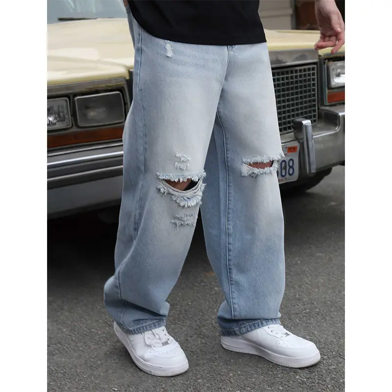 Men's Baggy Ripped Wide Leg Jeans for Men Loose Fit Hip Hop Denim Pants Y2k Streetwear