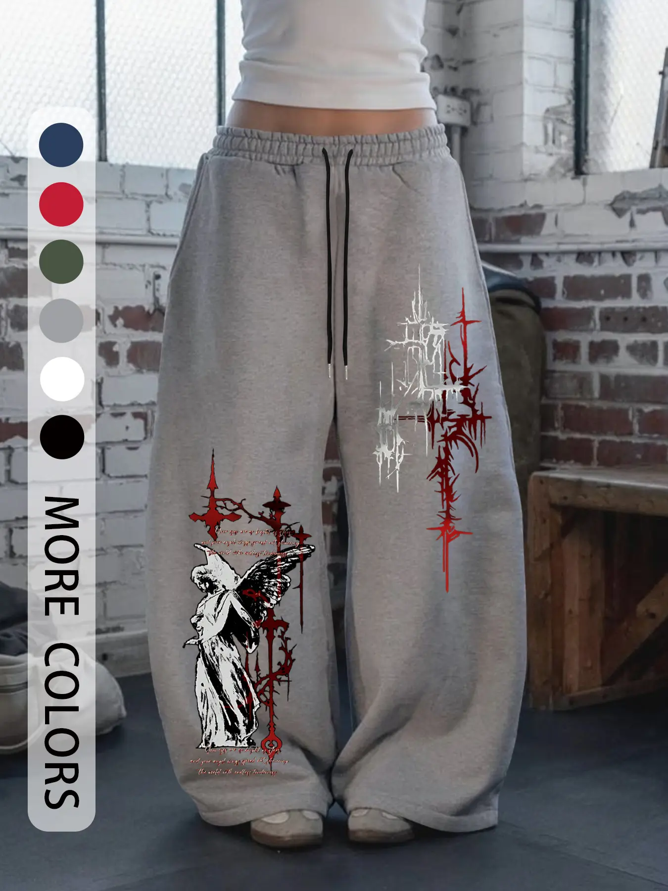 Women's Drawstring Leggings, Adjustable Waist, Loose Fit, Angel Wings Print, Casual All Season Pants, Comfortable and Stylish