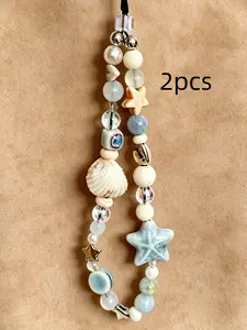 2 Pcs,Blue Star Shell Beaded Phone Hanging Rope, Cute Charm Chain Flower Women's Pendant Phone Case, Phone Wrist Strap, Phone Accessories