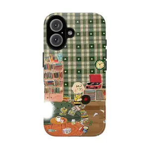This Charlie Brown-themed phone case features a charming design with a gramophone, bookshelf, and Woodstock bird collage, making it a beautiful gift. It's compatible with iPhone 17-11 Pro Max/Plus and Samsung Galaxy S23-25 series phones. tiktokshopspringg
