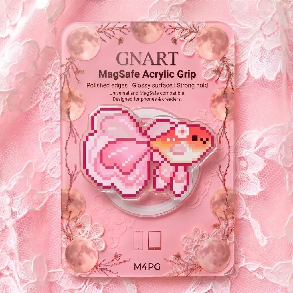 Pixel Art Goldfish MagSafe Phone Grip Cute Magnetic Acrylic Stand Kawaii Retro Gaming Phone Holder Pastel Pink Betta Fish Accessory Trendy E-reader Grip Gift for Her